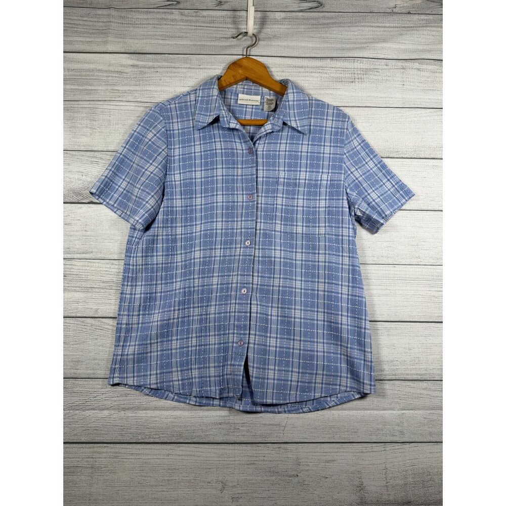 Alfred Dunner Womens 14 Blue White Plaid Short Sleeve Button Front Shirt 4102